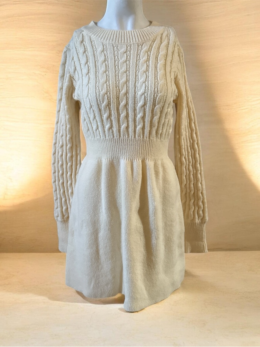 SHEIN Cream Cable Knit Smock Waist Long Sleeve Dress
